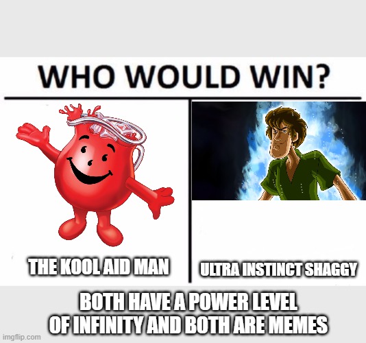 Who Would Win? Meme | ULTRA INSTINCT SHAGGY; THE KOOL AID MAN; BOTH HAVE A POWER LEVEL OF INFINITY AND BOTH ARE MEMES | image tagged in memes,who would win | made w/ Imgflip meme maker