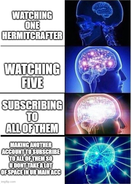 Expanding Brain Meme | WATCHING ONE HERMITCRAFTER; WATCHING FIVE; SUBSCRIBING TO ALL OF THEM; MAKING ANOTHER ACCOUNT TO SUBSCRIBE TO ALL OF THEM SO U DONT TAKE A LOT OF SPACE IN UR MAIN ACC | image tagged in memes,expanding brain | made w/ Imgflip meme maker