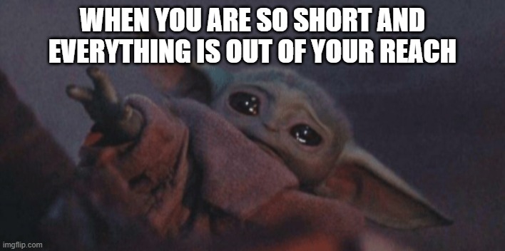 Baby yoda cry | WHEN YOU ARE SO SHORT AND EVERYTHING IS OUT OF YOUR REACH | image tagged in baby yoda cry | made w/ Imgflip meme maker