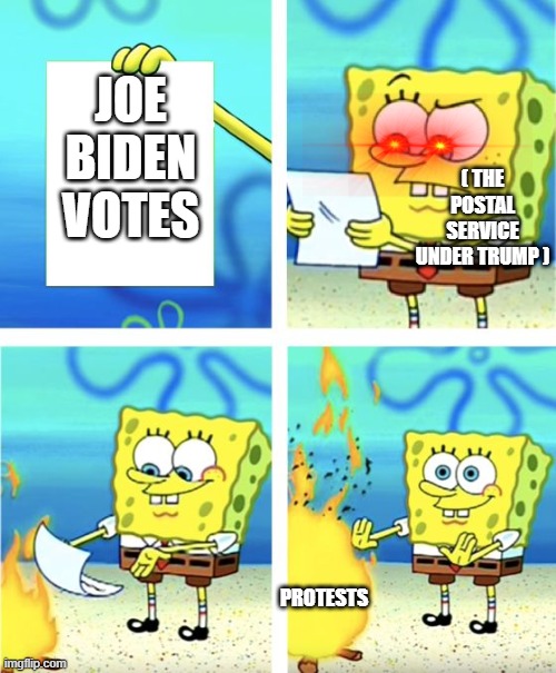the 2020 election | JOE BIDEN VOTES; ( THE POSTAL SERVICE UNDER TRUMP ); PROTESTS | image tagged in spongebob burning paper,you weren't supposed to do that,donald trump derp,election 2020 | made w/ Imgflip meme maker