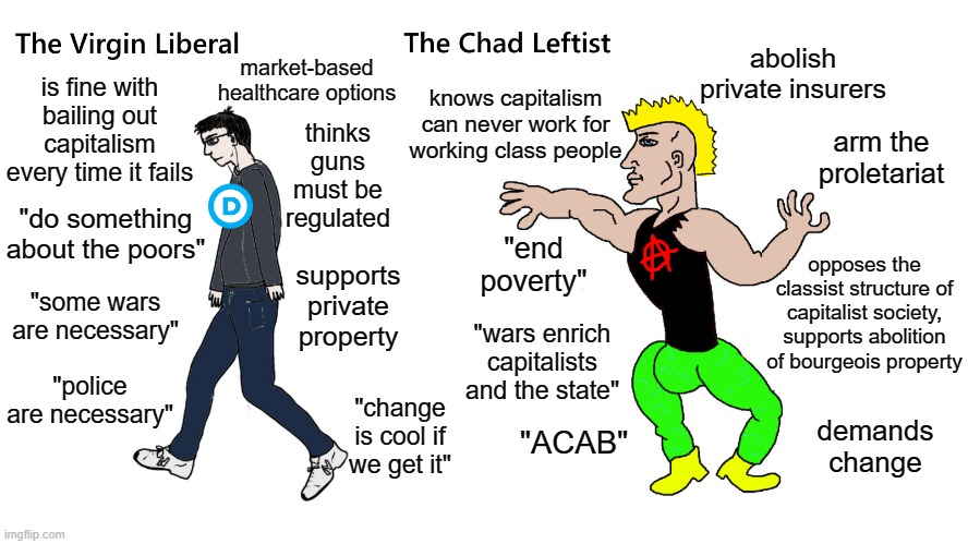 Liberalism vs Leftism | market-based healthcare options; knows capitalism can never work for working class people; abolish private insurers; is fine with bailing out capitalism every time it fails; thinks guns must be regulated; arm the proletariat; "do something about the poors"; opposes the classist structure of capitalist society, supports abolition of bourgeois property; "end poverty"; supports private property; "some wars are necessary"; "wars enrich capitalists and the state"; "police are necessary"; "change is cool if we get it"; demands change; "ACAB" | image tagged in leftists,liberals,liberal logic,socialism,anarchism,communism | made w/ Imgflip meme maker