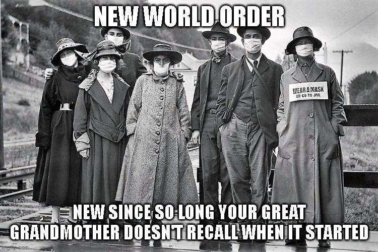 NEW WORLD ORDER MASKS AND YOUR GREAT GRANDMOTHER | NEW WORLD ORDER; NEW SINCE SO LONG YOUR GREAT GRANDMOTHER DOESN'T RECALL WHEN IT STARTED | image tagged in meme,covid,nwo,mask | made w/ Imgflip meme maker