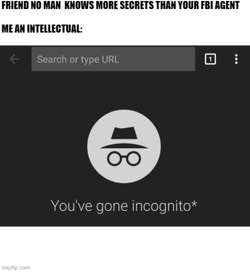 FRIEND NO MAN  KNOWS MORE SECRETS THAN YOUR FBI AGENT
 
ME AN INTELLECTUAL: | image tagged in incognito,fbi,me and the boys | made w/ Imgflip meme maker