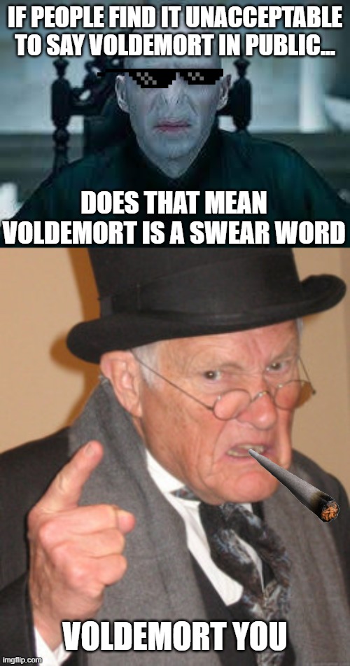 Vold***rt you | IF PEOPLE FIND IT UNACCEPTABLE TO SAY VOLDEMORT IN PUBLIC... DOES THAT MEAN VOLDEMORT IS A SWEAR WORD; VOLDEMORT YOU | image tagged in memes,back in my day,voldemort,jokes,funny | made w/ Imgflip meme maker
