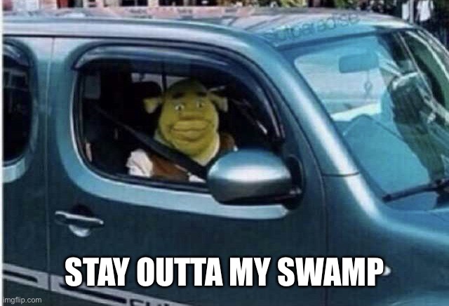 Shrek riding dirty | STAY OUTTA MY SWAMP | image tagged in shrek riding dirty | made w/ Imgflip meme maker