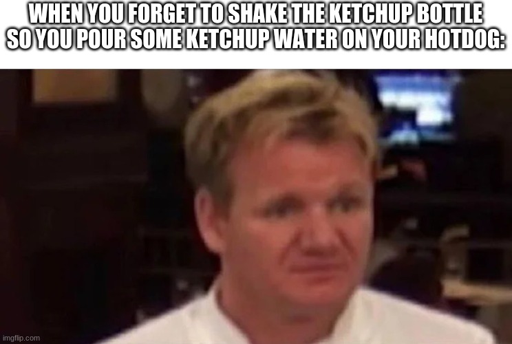 Ketchup Water | WHEN YOU FORGET TO SHAKE THE KETCHUP BOTTLE
SO YOU POUR SOME KETCHUP WATER ON YOUR HOTDOG: | image tagged in disgusted gordon ramsay | made w/ Imgflip meme maker