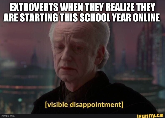 visible dissappointment | EXTROVERTS WHEN THEY REALIZE THEY ARE STARTING THIS SCHOOL YEAR ONLINE | image tagged in visible dissappointment | made w/ Imgflip meme maker