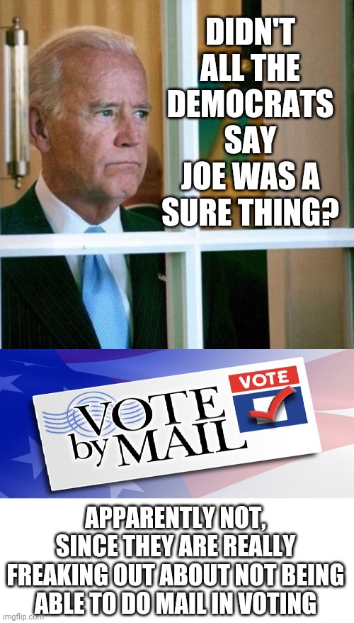 THEIR GOAL ALL ALONG WAS MAIL IN VOTE FRAUD | DIDN'T ALL THE DEMOCRATS SAY JOE WAS A SURE THING? APPARENTLY NOT, SINCE THEY ARE REALLY FREAKING OUT ABOUT NOT BEING ABLE TO DO MAIL IN VOTING | image tagged in sad joe biden,mail,voting | made w/ Imgflip meme maker