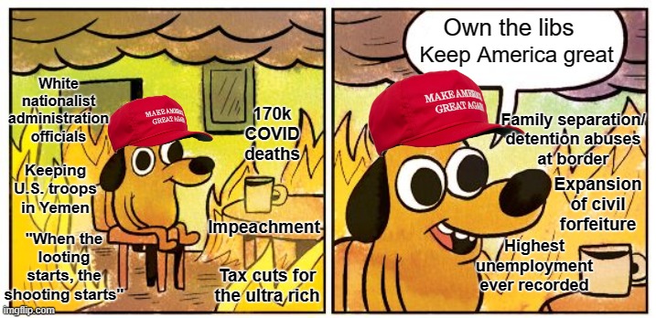 This Is Fine | Own the libs; Keep America great; White nationalist administration officials; Family separation/
detention abuses
at border; 170k COVID deaths; Keeping U.S. troops in Yemen; Expansion of civil forfeiture; Impeachment; "When the looting starts, the shooting starts"; Highest unemployment ever recorded; Tax cuts for the ultra rich | image tagged in memes,this is fine,trump supporters,republicans,conservatives,trump administration | made w/ Imgflip meme maker