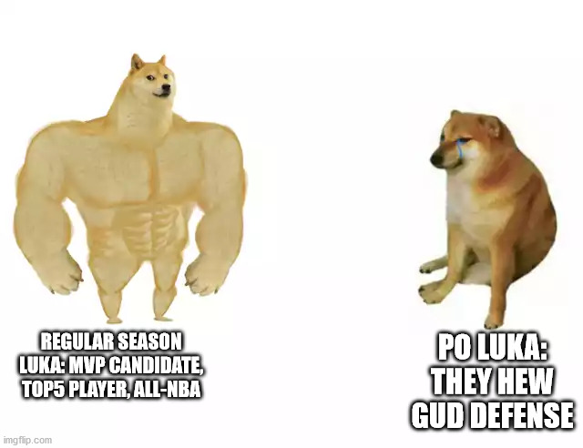 Buff Doge vs. Cheems Meme | PO LUKA: THEY HEW GUD DEFENSE; REGULAR SEASON LUKA: MVP CANDIDATE, TOP5 PLAYER, ALL-NBA | image tagged in buff doge vs cheems | made w/ Imgflip meme maker