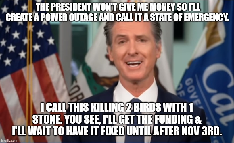 Killing Two Birds With One Stone | THE PRESIDENT WON'T GIVE ME MONEY SO I'LL CREATE A POWER OUTAGE AND CALL IT A STATE OF EMERGENCY. I CALL THIS KILLING 2 BIRDS WITH 1 STONE. YOU SEE, I'LL GET THE FUNDING & I'LL WAIT TO HAVE IT FIXED UNTIL AFTER NOV 3RD. | image tagged in gavin newsom,california power outage,california governor,meme,facts | made w/ Imgflip meme maker