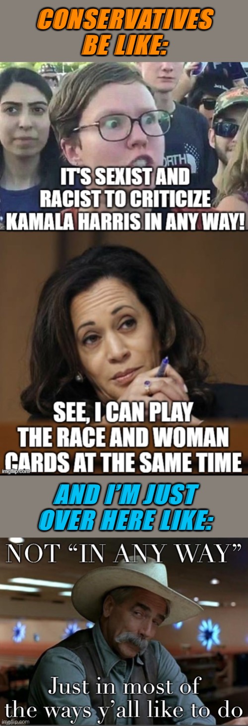 It’s not playing the race & woman card to counter dumb nonsense like she’s a non-citizen A.A. pick who slept her way to the top. | CONSERVATIVES BE LIKE:; AND I’M JUST OVER HERE LIKE: | image tagged in racism,bigotry,racist,that's racist,conservative logic,kamala harris | made w/ Imgflip meme maker