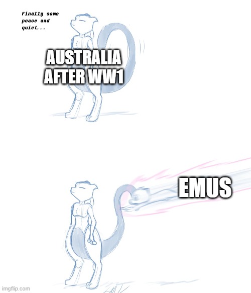 Those emus are merciless | AUSTRALIA AFTER WW1; EMUS | image tagged in mewtwo peace and quiet,memes,ww1,emu,great emu war,australia | made w/ Imgflip meme maker
