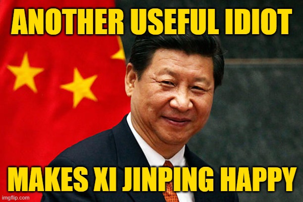 Xi Jinping | ANOTHER USEFUL IDIOT MAKES XI JINPING HAPPY | image tagged in xi jinping | made w/ Imgflip meme maker