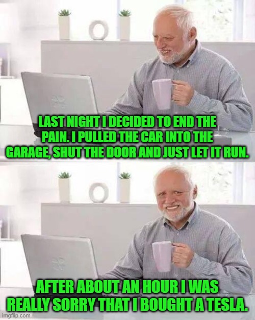 but it does get great mileage... | LAST NIGHT I DECIDED TO END THE PAIN. I PULLED THE CAR INTO THE GARAGE, SHUT THE DOOR AND JUST LET IT RUN. AFTER ABOUT AN HOUR I WAS REALLY SORRY THAT I BOUGHT A TESLA. | image tagged in memes,hide the pain harold,suidide,tesla | made w/ Imgflip meme maker