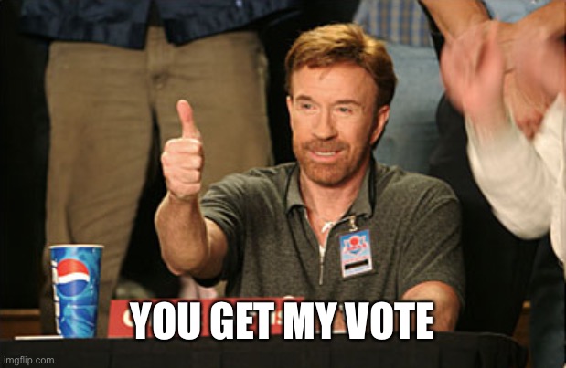 Chuck Norris Approves Meme | YOU GET MY VOTE | image tagged in memes,chuck norris approves,chuck norris | made w/ Imgflip meme maker