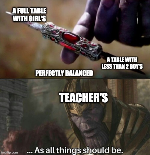 Thanos Perfectly Balanced Meme Template | A FULL TABLE WITH GIRL'S; A TABLE WITH LESS THAN 2 BOY'S; PERFECTLY BALANCED; TEACHER'S | image tagged in thanos perfectly balanced meme template | made w/ Imgflip meme maker