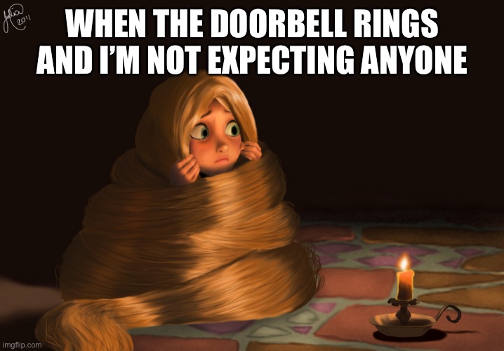 Scared Rapunzel | WHEN THE DOORBELL RINGS AND I’M NOT EXPECTING ANYONE | image tagged in scared rapunzel | made w/ Imgflip meme maker