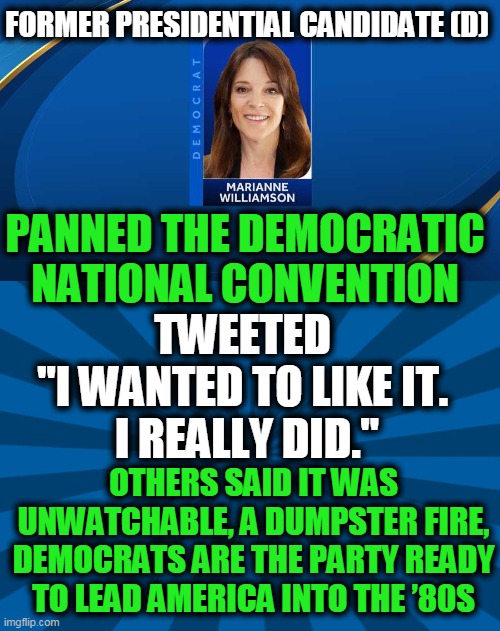 MSM Members Pan DNC: ‘Feels Like One Long Ad on YouTube’ | FORMER PRESIDENTIAL CANDIDATE (D); PANNED THE DEMOCRATIC NATIONAL CONVENTION; TWEETED 
"I WANTED TO LIKE IT. 
I REALLY DID."; OTHERS SAID IT WAS UNWATCHABLE, A DUMPSTER FIRE, DEMOCRATS ARE THE PARTY READY TO LEAD AMERICA INTO THE ’80S | image tagged in politics,political meme,democratic socialism,democratic party,losers,democratic convention | made w/ Imgflip meme maker