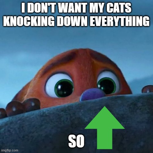 Nick Wilde afraid  | I DON'T WANT MY CATS KNOCKING DOWN EVERYTHING SO | image tagged in nick wilde afraid | made w/ Imgflip meme maker