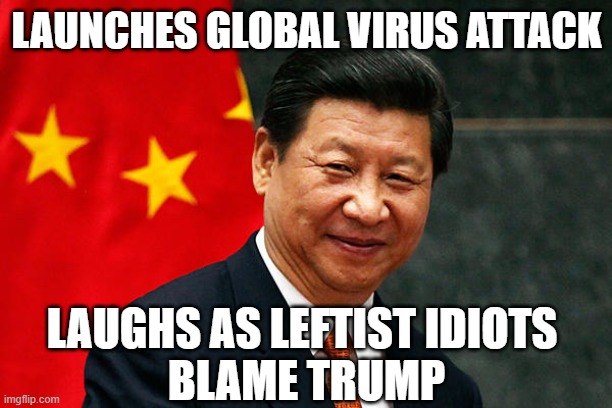 Xi Jinping | LAUNCHES GLOBAL VIRUS ATTACK LAUGHS AS LEFTIST IDIOTS 
BLAME TRUMP | image tagged in xi jinping | made w/ Imgflip meme maker