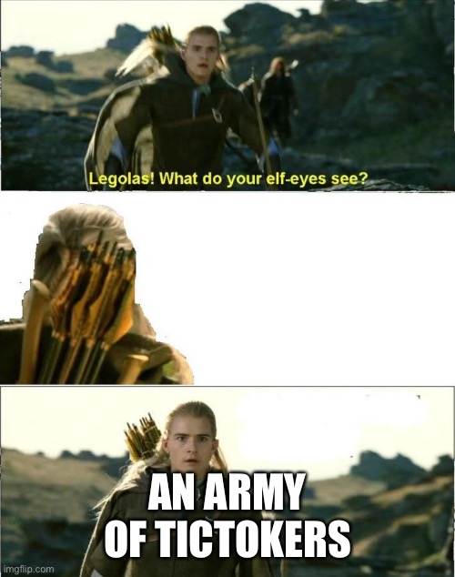 Legolas Elf Eyes | AN ARMY OF TICTOKERS | image tagged in legolas elf eyes | made w/ Imgflip meme maker