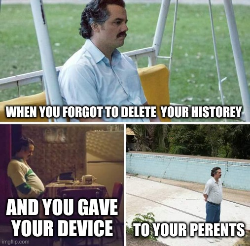 Sad Pablo Escobar |  WHEN YOU FORGOT TO DELETE  YOUR HISTOREY; AND YOU GAVE YOUR DEVICE; TO YOUR PERENTS | image tagged in memes,sad pablo escobar | made w/ Imgflip meme maker