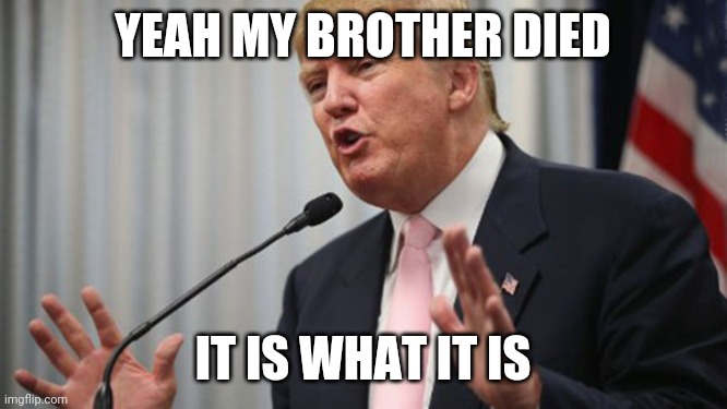 Trump Huge | YEAH MY BROTHER DIED; IT IS WHAT IT IS | image tagged in trump,donald trump,it is what it is,robert trump | made w/ Imgflip meme maker