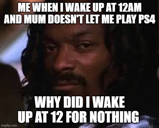Mad snoop dogg | ME WHEN I WAKE UP AT 12AM AND MUM DOESN'T LET ME PLAY PS4; WHY DID I WAKE UP AT 12 FOR NOTHING | image tagged in mad snoop dogg | made w/ Imgflip meme maker
