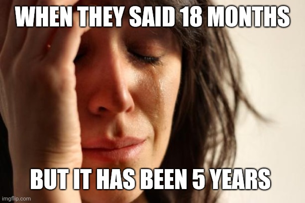First World Problems Meme | WHEN THEY SAID 18 MONTHS; BUT IT HAS BEEN 5 YEARS | image tagged in memes,first world problems | made w/ Imgflip meme maker