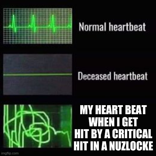 heartbeat rate | MY HEART BEAT WHEN I GET HIT BY A CRITICAL HIT IN A NUZLOCKE | image tagged in heartbeat rate | made w/ Imgflip meme maker