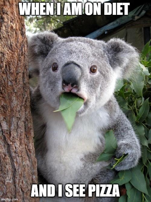 Surprised Koala Meme | WHEN I AM ON DIET; AND I SEE PIZZA | image tagged in memes,surprised koala | made w/ Imgflip meme maker