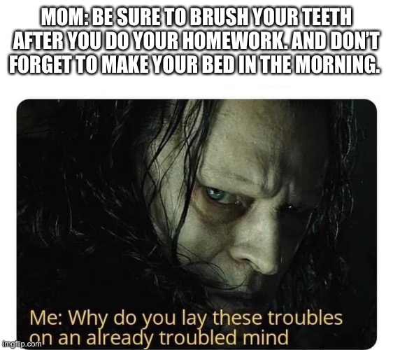 Lotr | MOM: BE SURE TO BRUSH YOUR TEETH AFTER YOU DO YOUR HOMEWORK. AND DON’T FORGET TO MAKE YOUR BED IN THE MORNING. | image tagged in funny | made w/ Imgflip meme maker