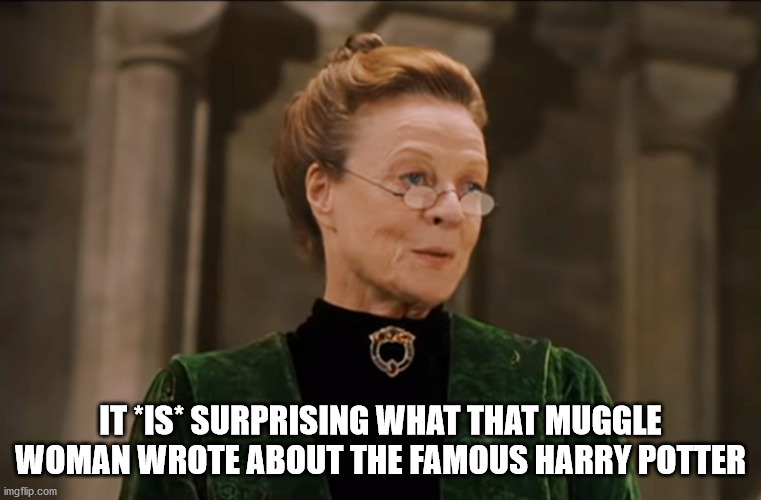 Mcgonagall | IT *IS* SURPRISING WHAT THAT MUGGLE WOMAN WROTE ABOUT THE FAMOUS HARRY POTTER | image tagged in mcgonagall | made w/ Imgflip meme maker