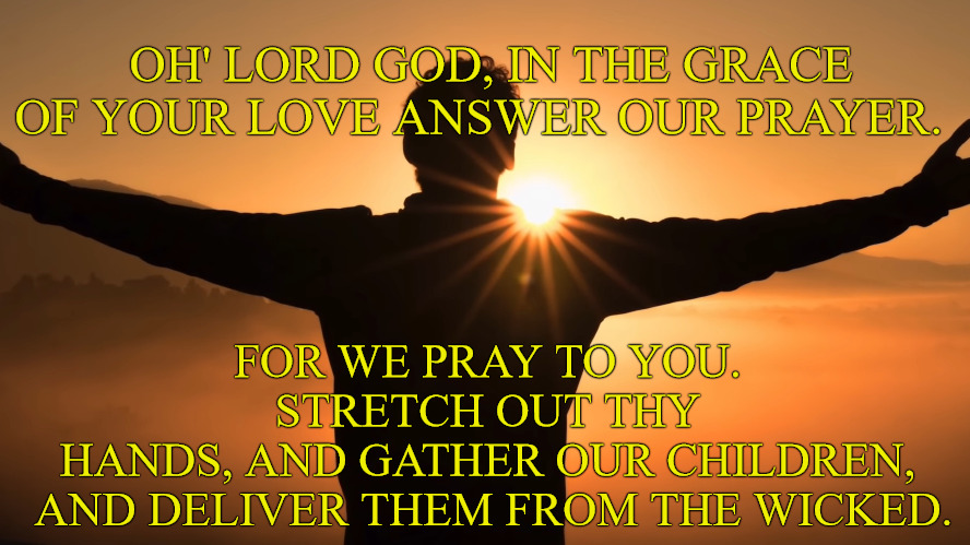 Prayer to god to shield our children from the wicked | FOR WE PRAY TO YOU.
STRETCH OUT THY HANDS, AND GATHER OUR CHILDREN,
 AND DELIVER THEM FROM THE WICKED. OH' LORD GOD, IN THE GRACE OF YOUR LOVE ANSWER OUR PRAYER. | image tagged in conservatives | made w/ Imgflip meme maker