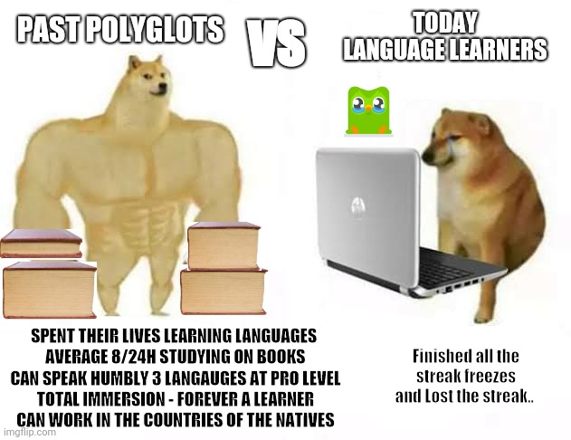 Language learners | VS; TODAY LANGUAGE LEARNERS; PAST POLYGLOTS; SPENT THEIR LIVES LEARNING LANGUAGES 
AVERAGE 8/24H STUDYING ON BOOKS
CAN SPEAK HUMBLY 3 LANGAUGES AT PRO LEVEL
TOTAL IMMERSION - FOREVER A LEARNER
CAN WORK IN THE COUNTRIES OF THE NATIVES; Finished all the streak freezes and Lost the streak.. | image tagged in polyglots,duolingo,vs,language learners,lost streak,studying | made w/ Imgflip meme maker