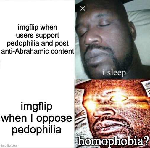 imgflip needs to stop this hypocritical censorship | imgflip when users support pedophilia and post anti-Abrahamic content; imgflip when I oppose pedophilia; homophobia? | image tagged in memes,sleeping shaq,politics,imgflip,liberal hypocrisy,censorship | made w/ Imgflip meme maker