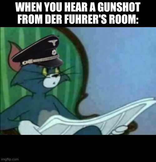 Uh oh- | WHEN YOU HEAR A GUNSHOT FROM DER FUHRER'S ROOM: | image tagged in tom and jerry,unsettled tom | made w/ Imgflip meme maker
