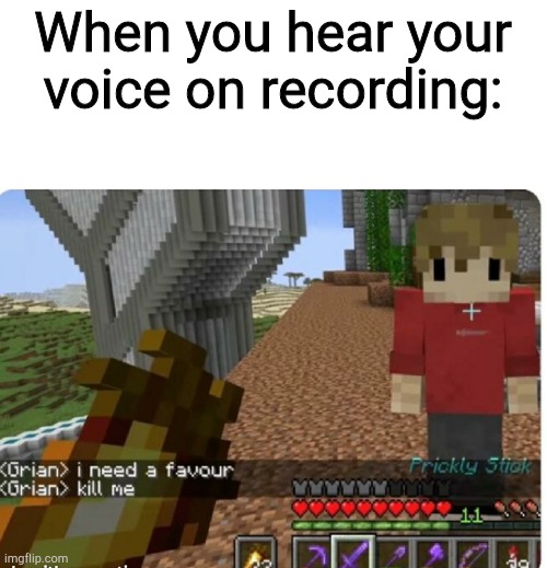 I need a favour | When you hear your voice on recording: | image tagged in grian kill me,funny,memes | made w/ Imgflip meme maker