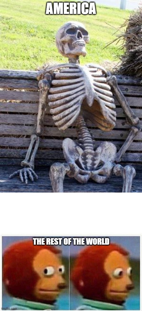 America rn | AMERICA; THE REST OF THE WORLD | image tagged in memes,waiting skeleton,monkey puppet,current events | made w/ Imgflip meme maker
