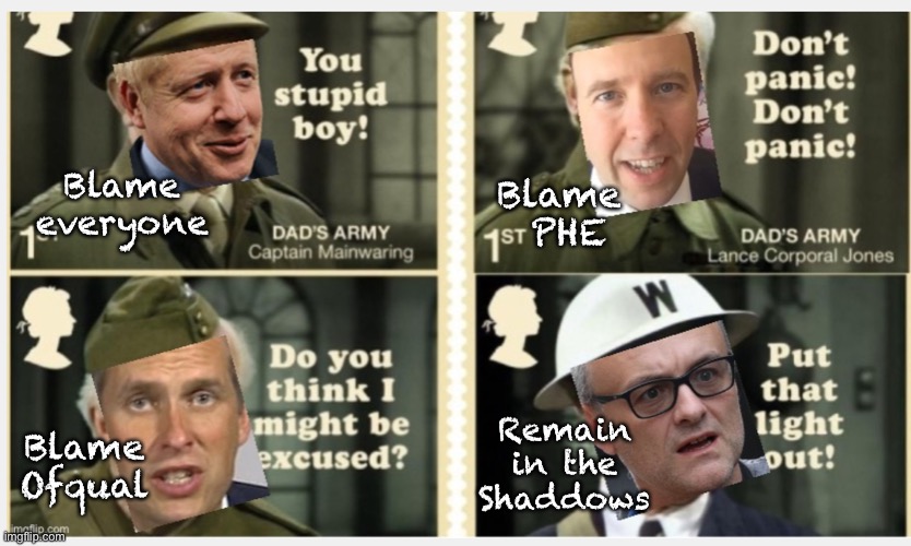 Stupid blame | Blame everyone; Blame 
PHE; Remain in the Shaddows; Blame Ofqual | image tagged in stupid blame | made w/ Imgflip meme maker