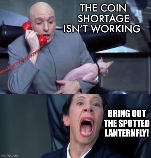 Bring in the spotted lanternfly | THE COIN SHORTAGE ISN’T WORKING; BRING OUT THE SPOTTED LANTERNFLY! | image tagged in dr evil and frau | made w/ Imgflip meme maker