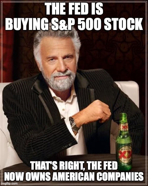 You're worried about commies on the left? | THE FED IS BUYING S&P 500 STOCK; THAT'S RIGHT, THE FED NOW OWNS AMERICAN COMPANIES | image tagged in memes,the most interesting man in the world | made w/ Imgflip meme maker