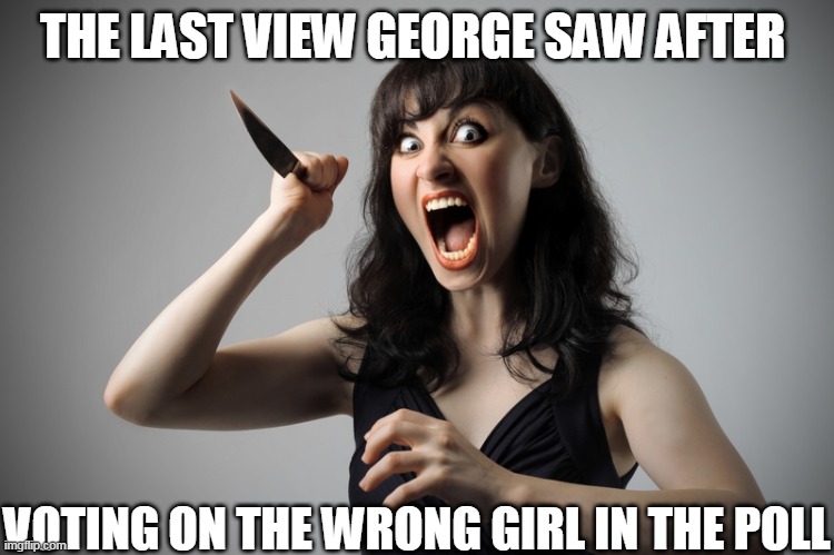 wrong poll |  THE LAST VIEW GEORGE SAW AFTER; VOTING ON THE WRONG GIRL IN THE POLL | image tagged in wrong poll,page poll | made w/ Imgflip meme maker