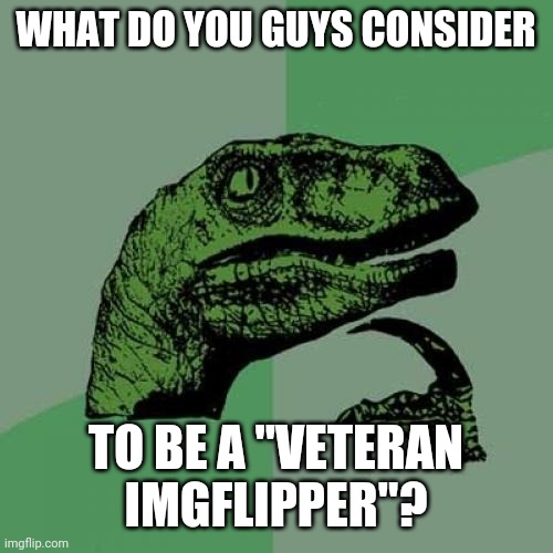 Philosoraptor |  WHAT DO YOU GUYS CONSIDER; TO BE A "VETERAN IMGFLIPPER"? | image tagged in memes,philosoraptor | made w/ Imgflip meme maker