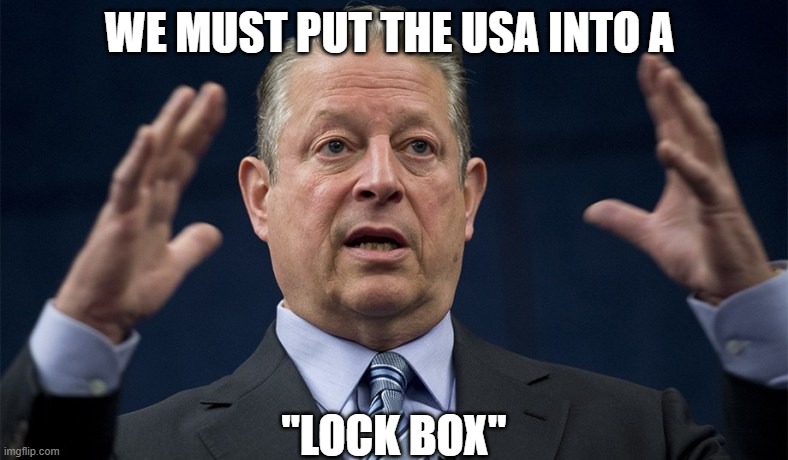 Al Gore Solves COVID Problem | WE MUST PUT THE USA INTO A; "LOCK BOX" | image tagged in al gore,coronavirus,covid,gore | made w/ Imgflip meme maker