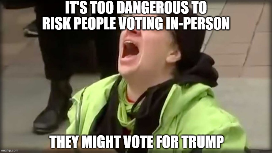 Trump SJW No | IT'S TOO DANGEROUS TO RISK PEOPLE VOTING IN-PERSON THEY MIGHT VOTE FOR TRUMP | image tagged in trump sjw no | made w/ Imgflip meme maker