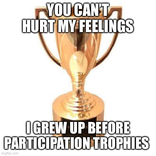 Participation Trophy | YOU CAN’T HURT MY FEELINGS; I GREW UP BEFORE PARTICIPATION TROPHIES | image tagged in participation trophy | made w/ Imgflip meme maker
