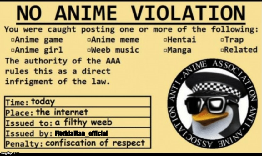 NO ANIME VIOLATION | FloridaMan_official | image tagged in no anime violation | made w/ Imgflip meme maker