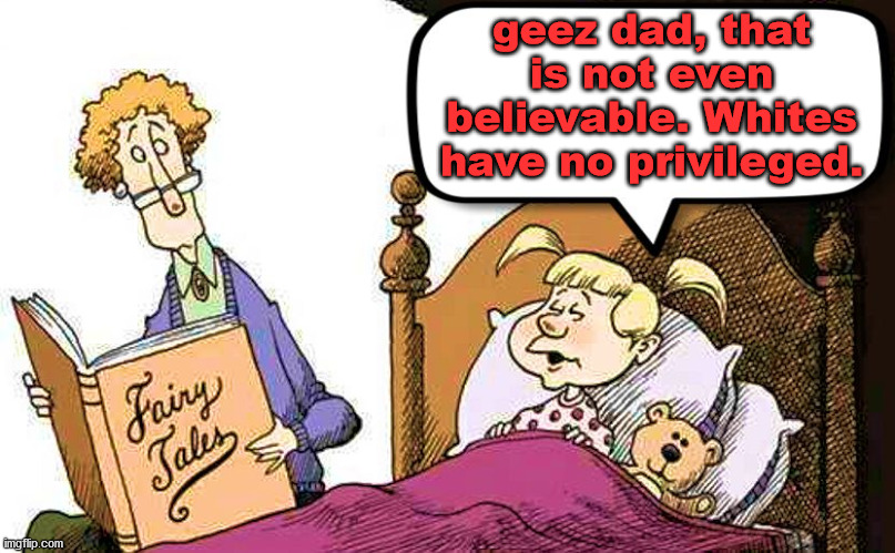 Fairy Tales | geez dad, that is not even believable. Whites have no privileged. | image tagged in fairy tales | made w/ Imgflip meme maker
